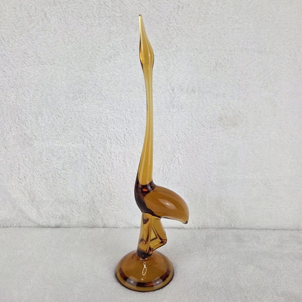 Vintage Viking Epic Amber Glass Egret Crane Figurine MCM Glass Sculpture 10.75"